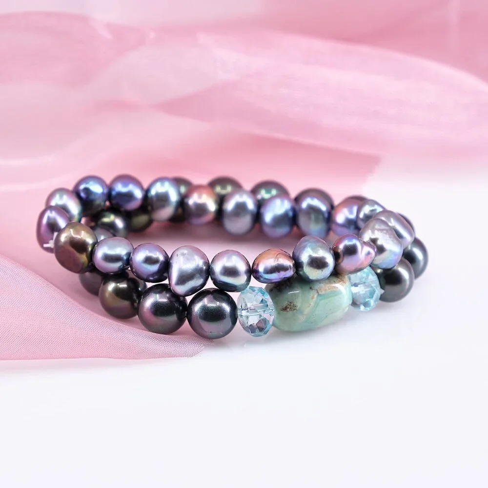 Pearl Bracelet w/Dragon Skin Agate & Aquamarine, Everyday Quiet Luxury Gift